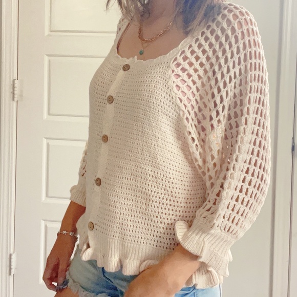 Miracle Cozy Crochet Button down Ruffle Sweater Top - Picture 5 of 16